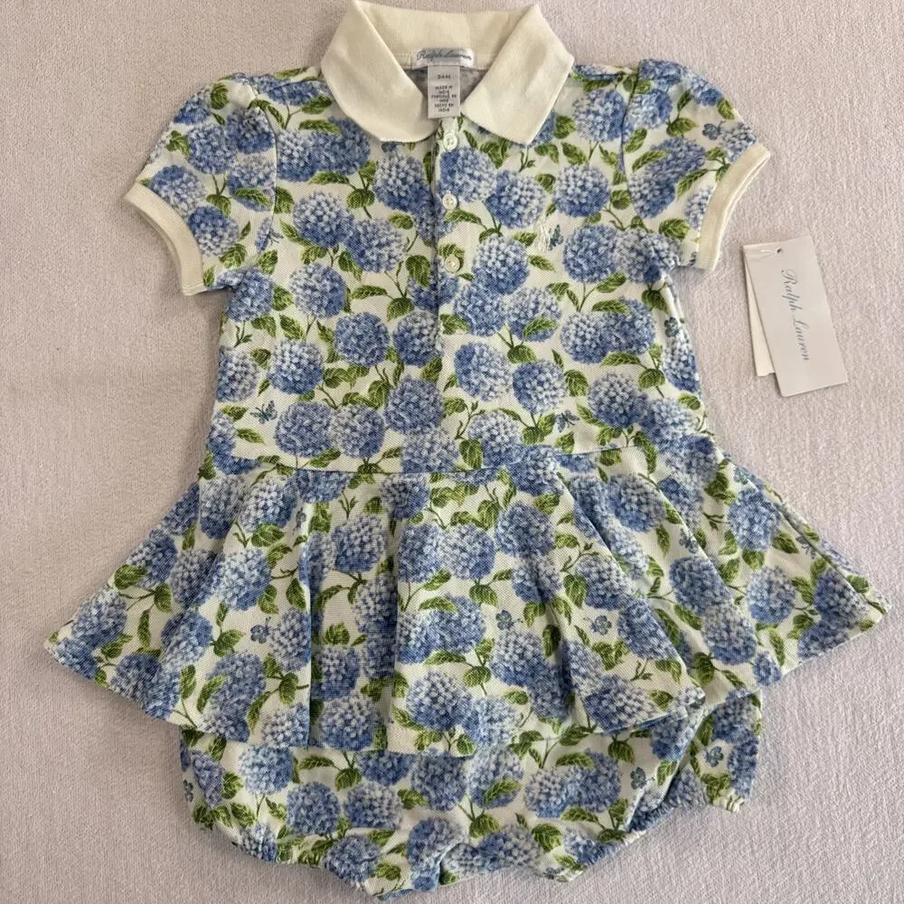 Ralph Lauren Romper Girls 24 Months Blue Floral Collared Ruffle One-Piece NWT